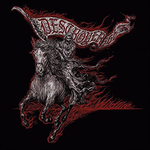 Black and red illustration of a skeletal rider on a horse.