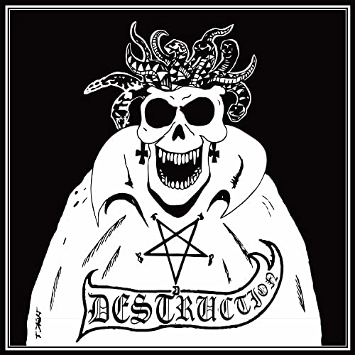 Black and white skull illustration with pentagram, for Destruction CD.