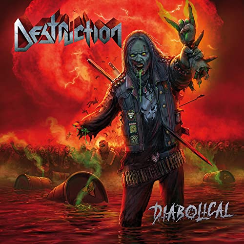 Zombie-like figure in a leather jacket standing in toxic waste amidst destruction and chaos.