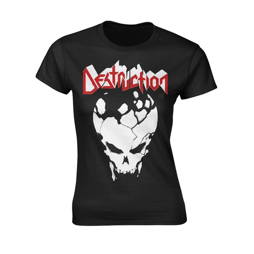 Black women's t-shirt featuring a red Destruction logo and a white cracked skull graphic.