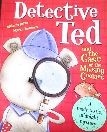 Teddy bear detective with magnifying glass on a red book cover.