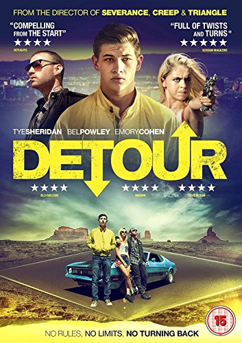 Alt text: "Detour DVD cover featuring three people, desert road, and yellow title text."