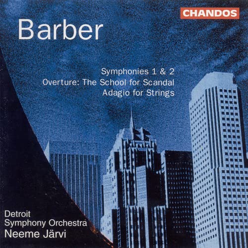 CD cover: Barber symphonies, Detroit Orchestra, city skyline background.