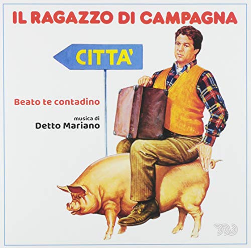 Man riding a pig with a suitcase, vinyl record cover.