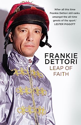 Frankie Dettori wearing a red jockey helmet and purple racing silks on book cover.