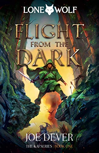 A hooded warrior in green leaps between rocky cliffs in this fantasy book cover.