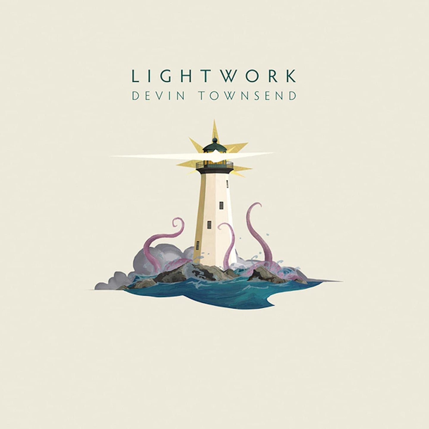 "Album cover featuring a lighthouse surrounded by tentacles on a rocky outcrop."