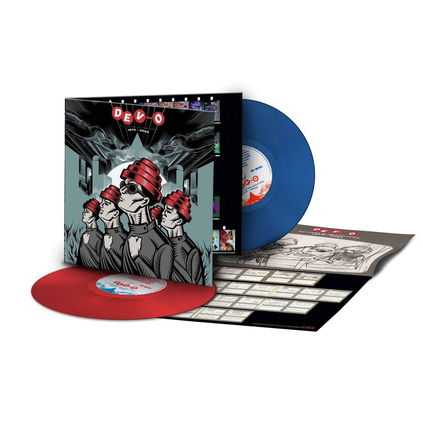DEVO “50 Years of De-Evolution” vinyl record with red and blue discs.