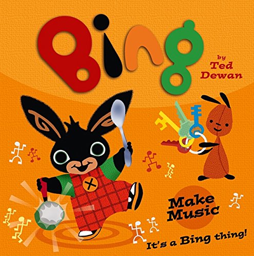 Bing the bunny makes music with instruments on an orange background.