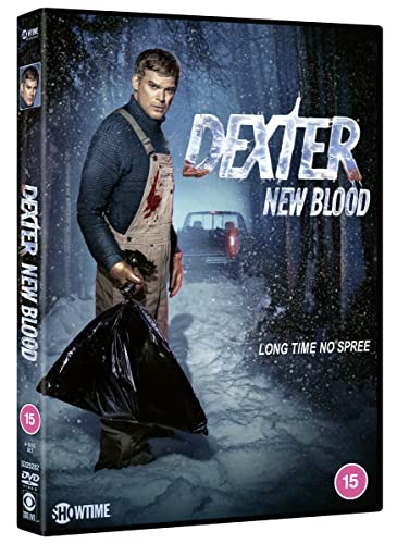 Dexter: New Blood" DVD cover featuring a man in a snowy, wooded landscape.
