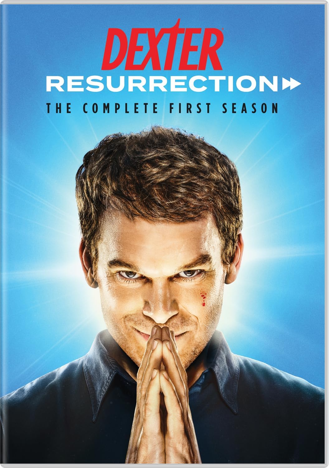 DVD cover for Dexter: Resurrection featuring a man with hands clasped against blue background.