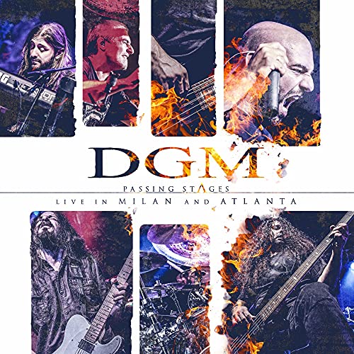 DGM album cover: collage of band members performing with flames.