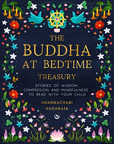 Book cover with gold text on dark blue background, framed by colorful floral illustrations.