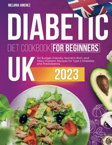 Cookbook cover with salad, avocado, and UK flag; title: Diabetic Diet Cookbook.