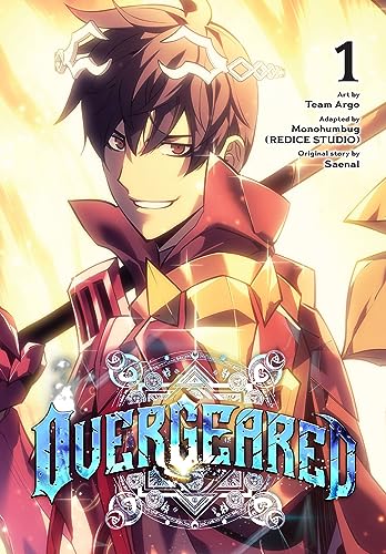 Anime-style cover for "Overgeared, Vol. 1" featuring a male character in red armor.