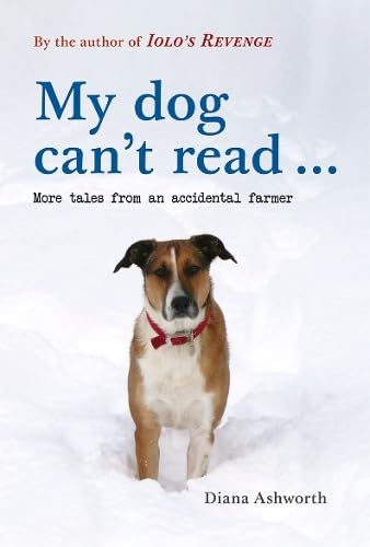 Book cover with blue title, dog portrait, and white snowy background.