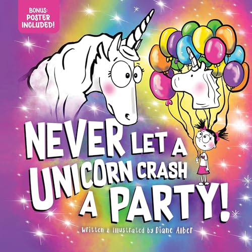 Book cover with large unicorns, balloons, and colorful text.