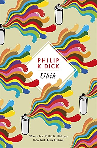 Book cover for "Ubik" by Philip K. Dick with colorful spray paint design.