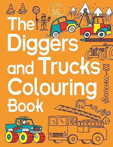 Colouring book cover with illustrations of diggers, trucks, and construction cones.