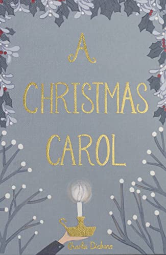 Book cover of A Christmas Carol featuring gold text and a hand holding a candle.