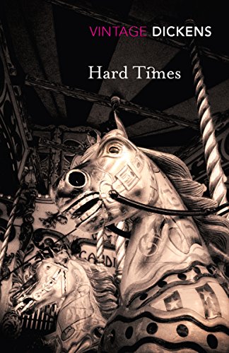 Book cover showing a sepia-toned carousel horse with the title Hard Times by Dickens.