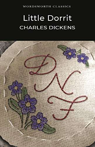 Book cover for Little Dorrit by Charles Dickens featuring embroidery of flowers and letters.