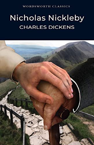 Book cover for Nicholas Nickleby showing two hands holding a cane over a mountain path.