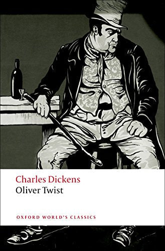 Book cover for “Oliver Twist” featuring a man in a top hat.