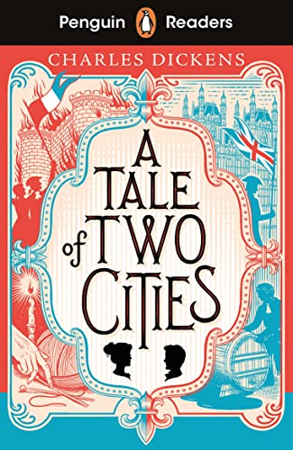 Book cover for “A Tale of Two Cities” with ornate red and blue design.