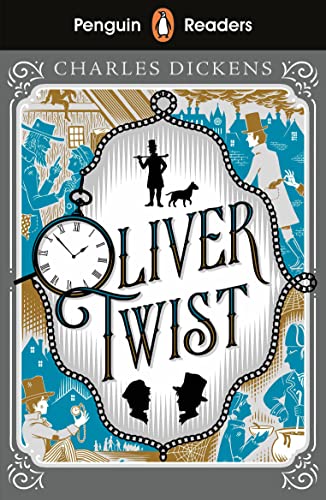 Book cover for “Oliver Twist” with illustrations and ornate frame.
