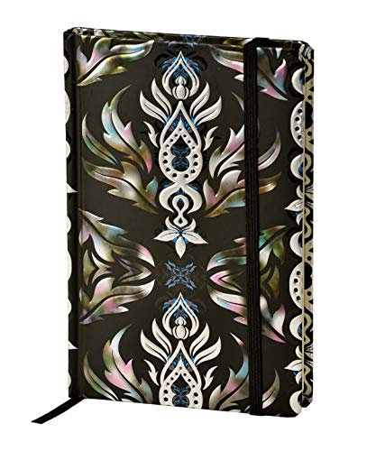 Black notebook with ornate silver and iridescent floral design.