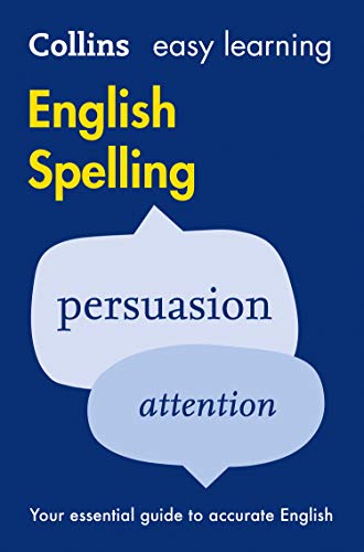 Collins Easy Learning English Spelling book cover with blue background and speech bubbles.