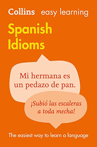 Orange book cover with "Spanish Idioms" title and example phrases in Spanish.