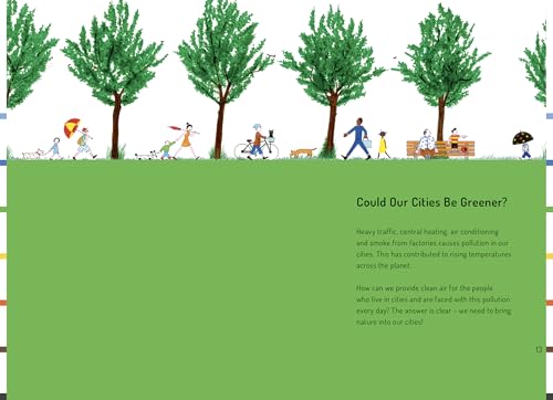 Illustration of people and trees in a green city landscape with text.