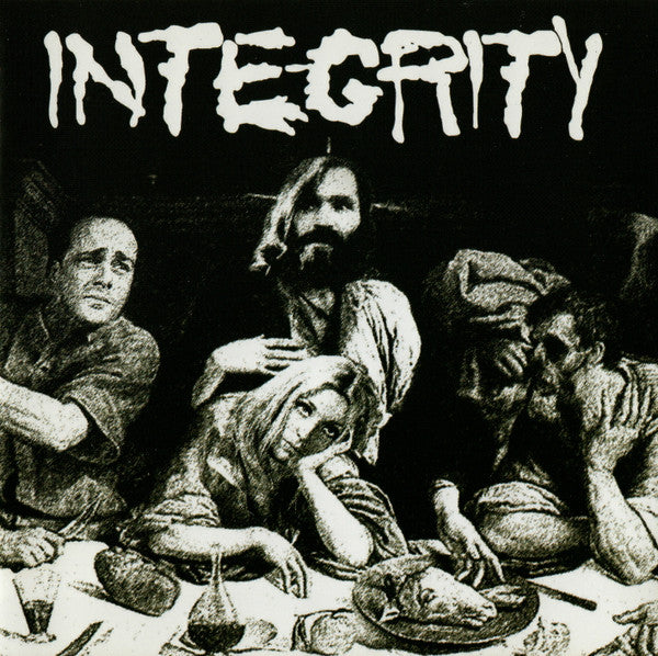 Black and white illustration of people at a table, reminiscent of "The Last Supper.