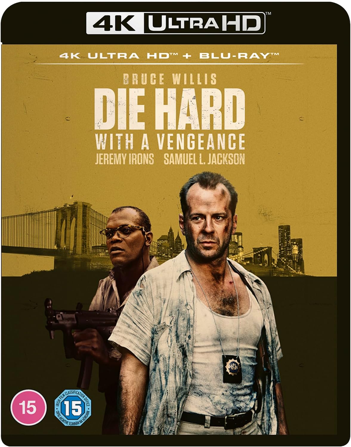 “Die Hard with a Vengeance” UHD Blu-ray cover featuring Bruce Willis and Samuel L. Jackson.
