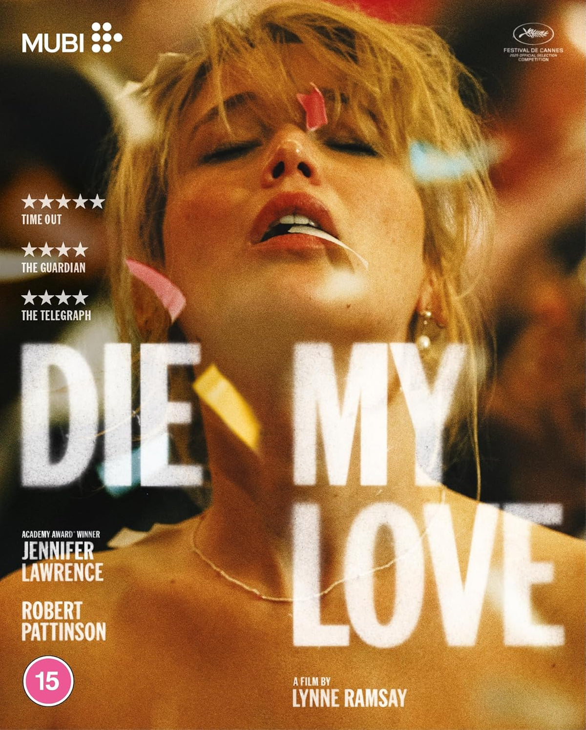 Blu-ray cover for "Die My Love" featuring Jennifer Lawrence with a syringe.