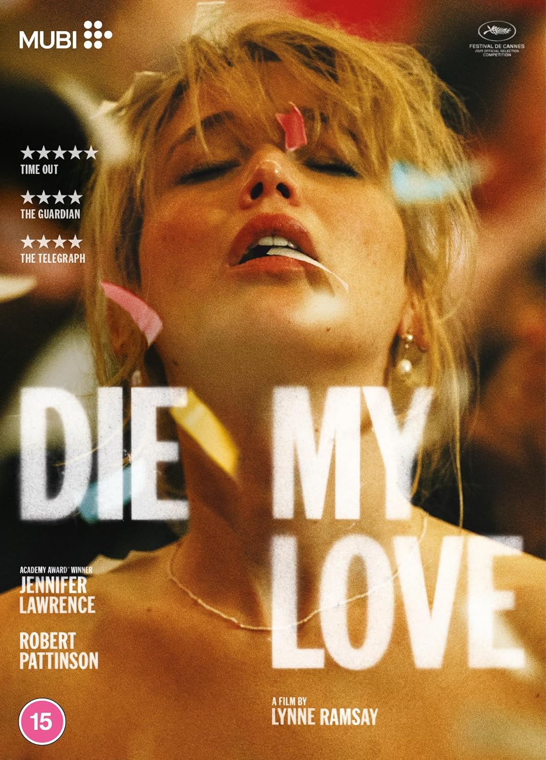 DVD cover for "Die My Love" featuring Jennifer Lawrence in close-up.