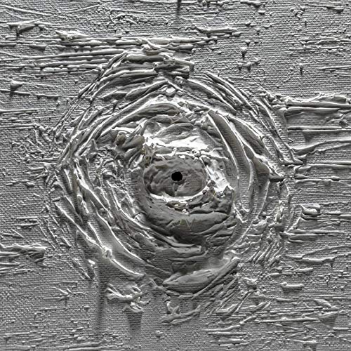 Silver abstract swirl pattern on a textured gray background.