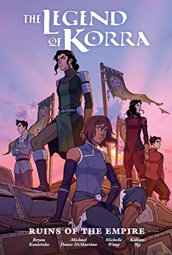 Korra and other characters stand on a metallic structure against a sunset sky.