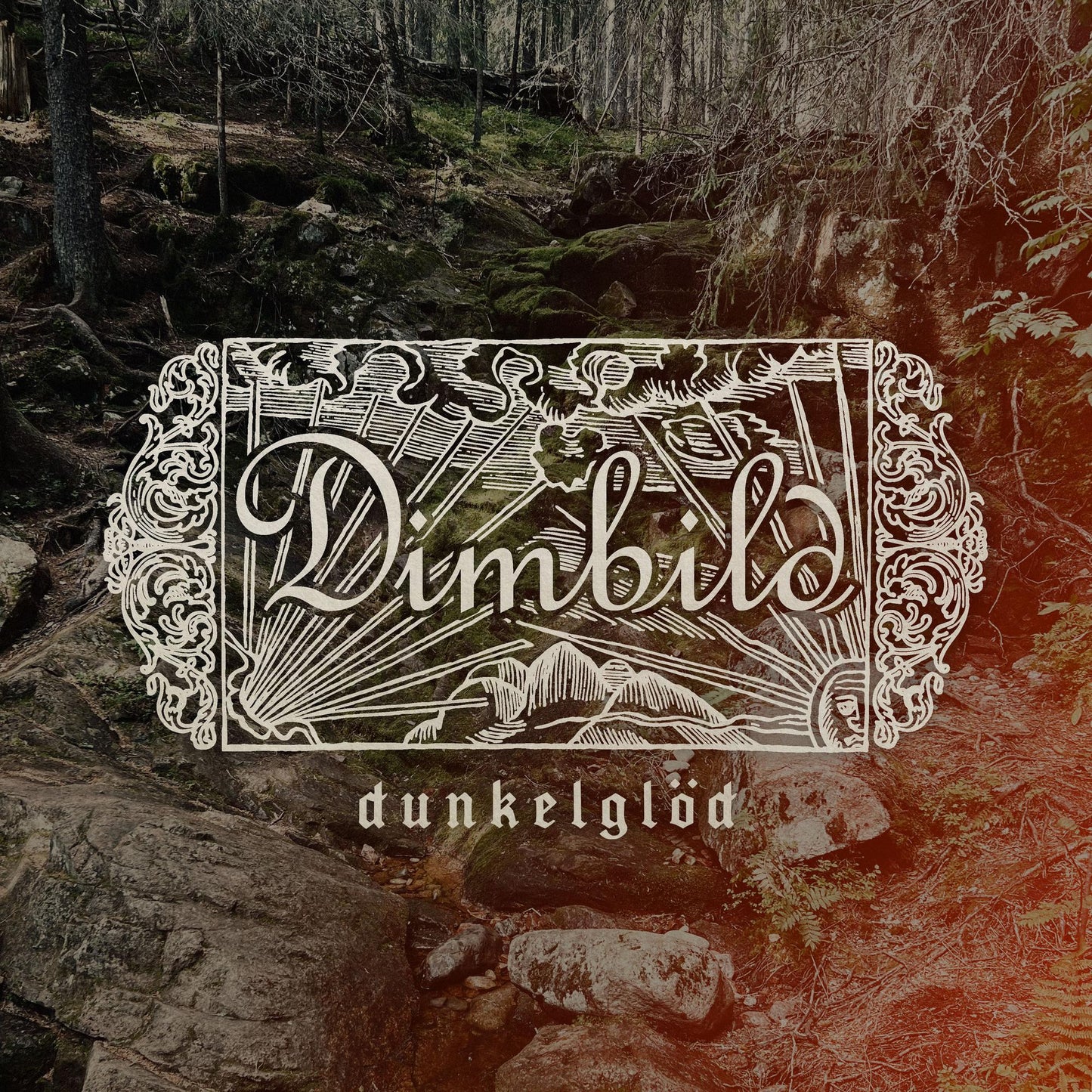 Album cover with Dimbild logo and Dunkelglöd text over a forest and rocky stream.