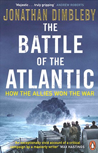 Book cover: "The Battle of the Atlantic" with soldiers on a ship, explosion in background.