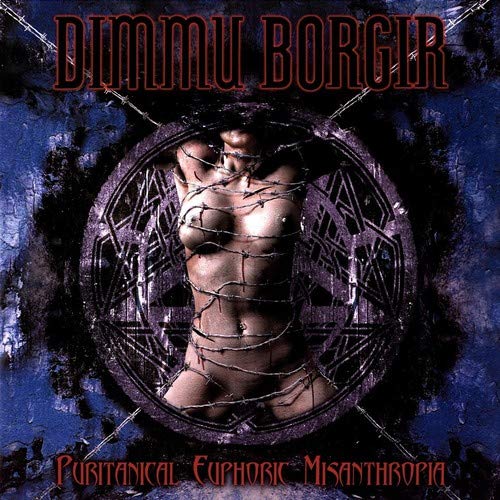 Dimmu Borgir album cover: bound figure within a barbed wire circle.