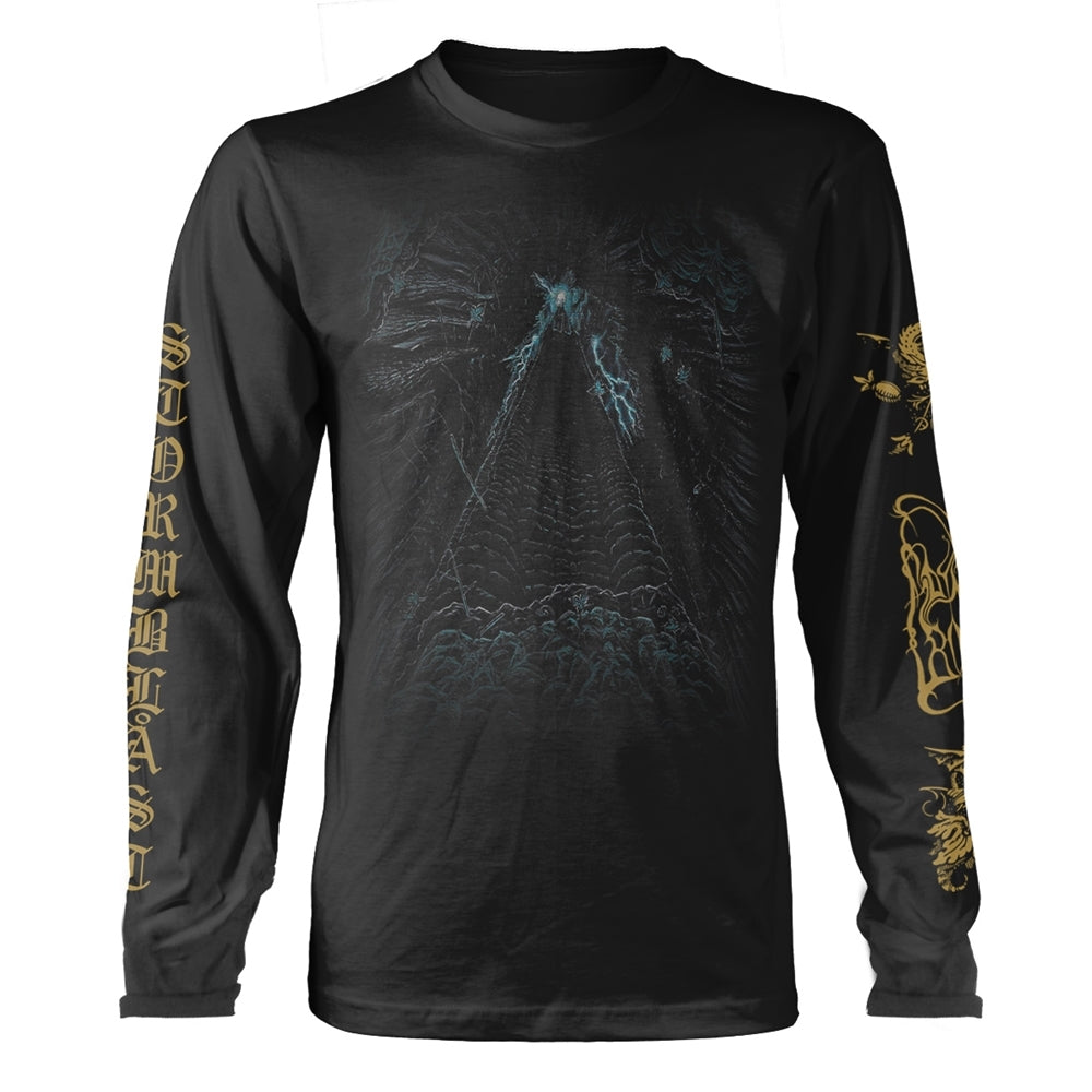 Black long-sleeved t-shirt with ornate, stormy artwork and band lettering.