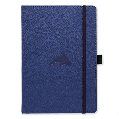 Blue hardcover notebook with a whale silhouette and black elastic band.