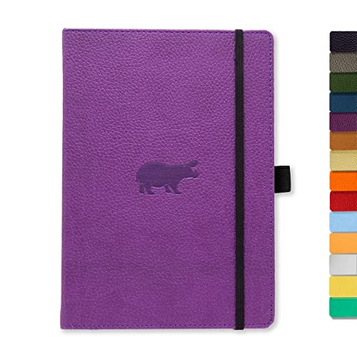 Purple hardcover notebook with hippo silhouette and black elastic band.
