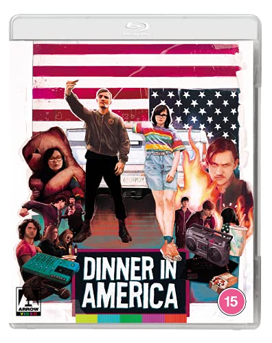 Dinner In America" Blu-ray cover with characters amidst a chaotic, colorful scene.