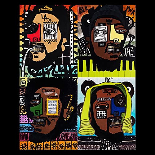 Album cover with four illustrated faces in divided, colorful panels.
