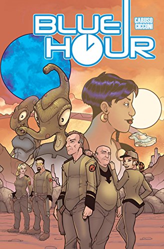 Comic book cover featuring diverse characters and an alien landscape.