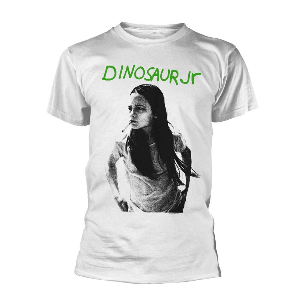 White t-shirt with green "Dinosaur Jr" logo and black and white portrait.